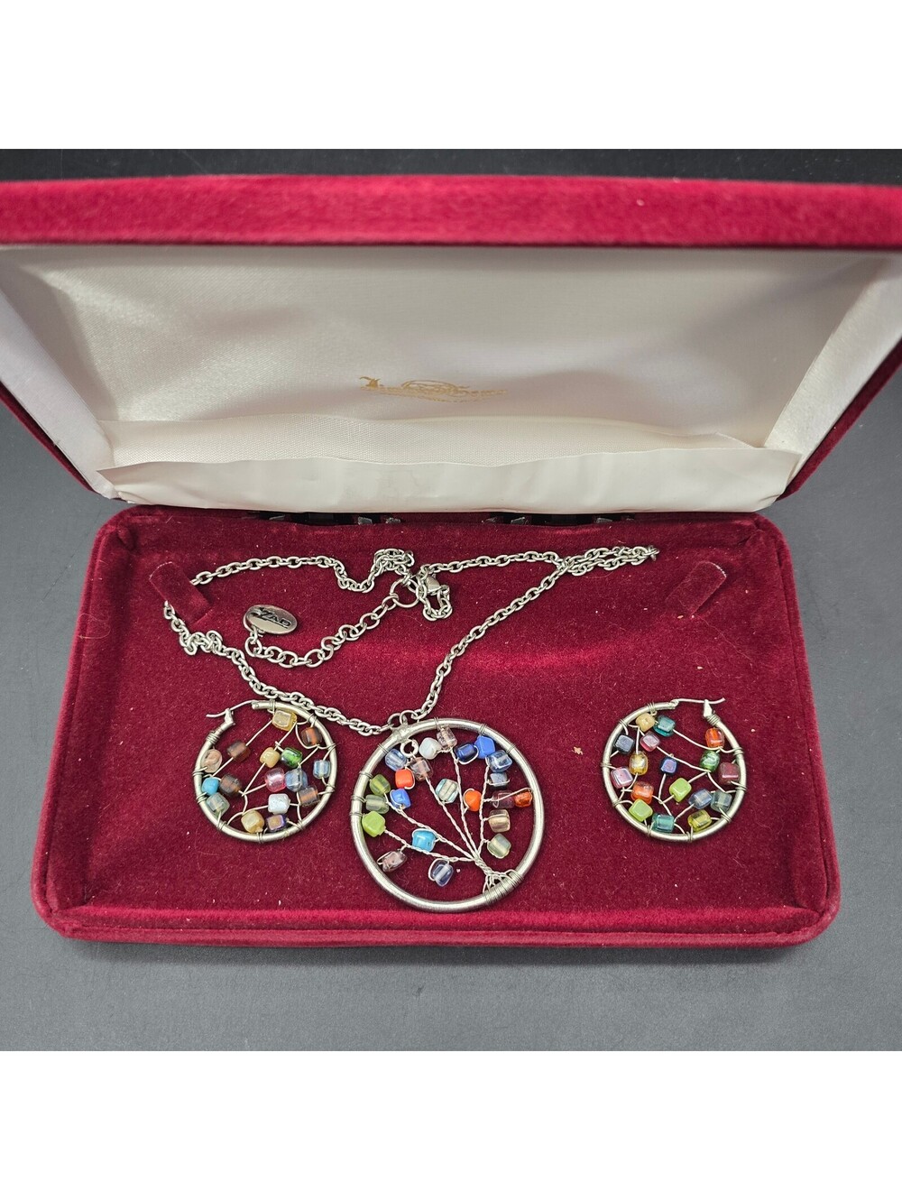 Vintage ZAD Tree of Life Jewelry Set Necklace Hoop Earrings Multi Color Beads